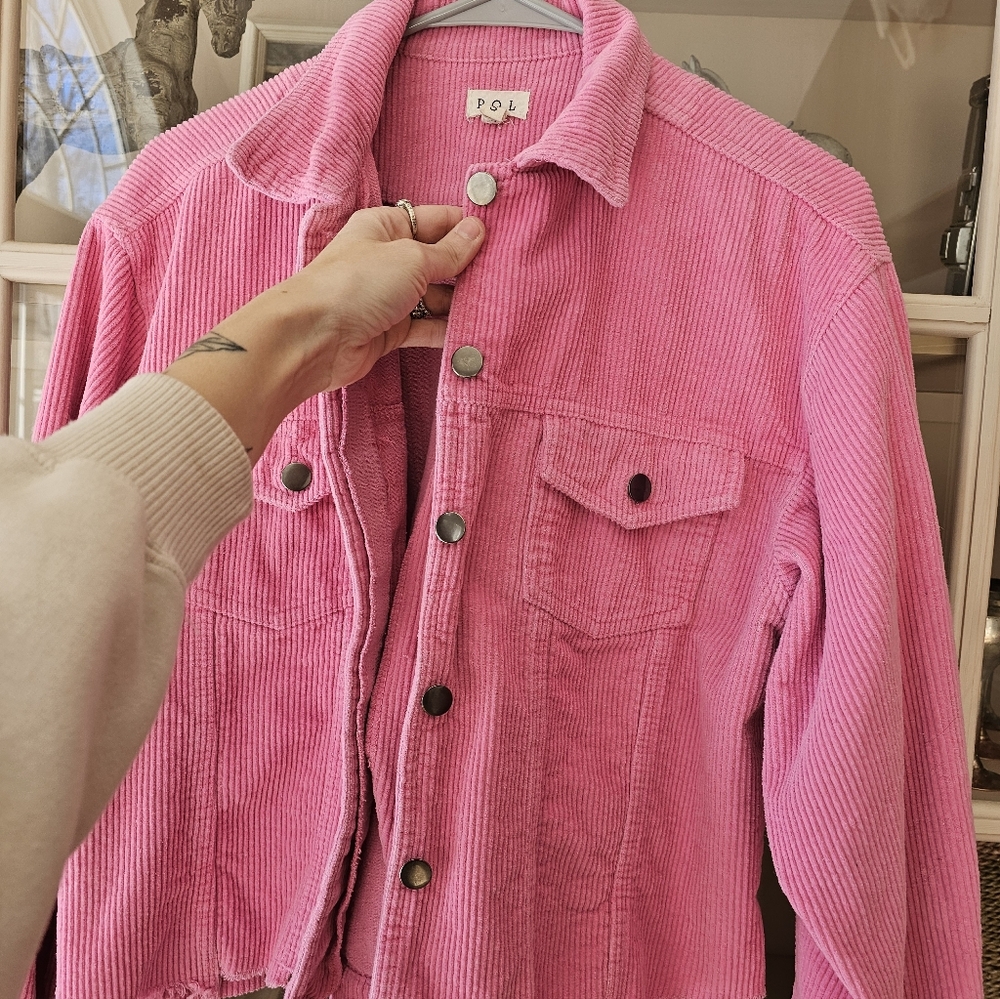 POL Corduroy Trucker Ribbed Jacket Raw Hem Barbie Pink - Picture 5 of 9